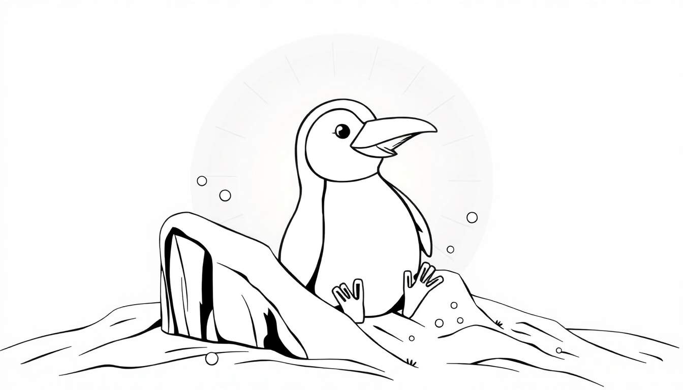 Um pinguim sorridente em um color panel, deslizando feliz em um monte de gelo brilhante, cercado por flocos de neve fofinhos em um dia frio e ensolarado no Ártico.
