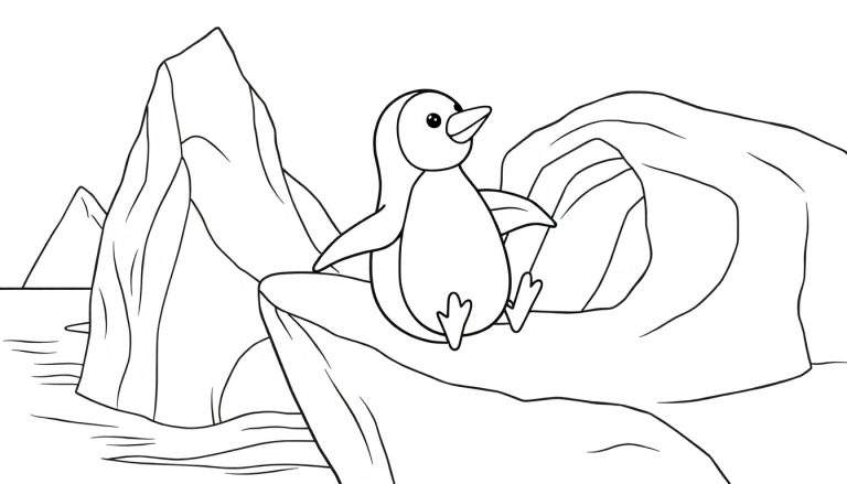 Um pinguim feliz sentado numa rocha, com um fundo de rochas e água.