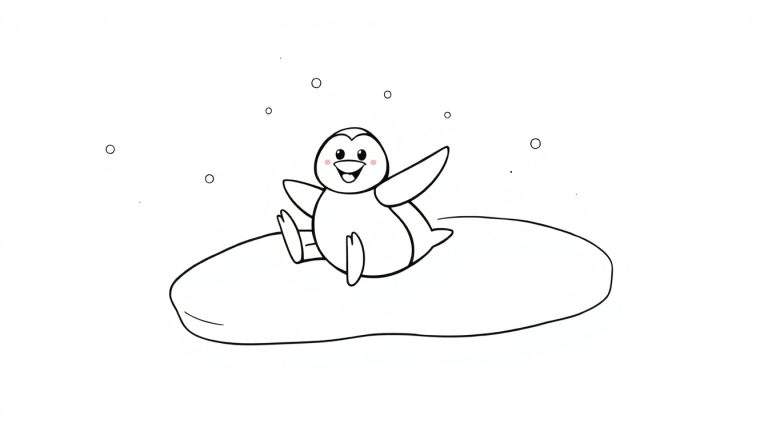 Um pinguim sorridente sentado em um pedaço de gelo com flocos de neve ao redor.