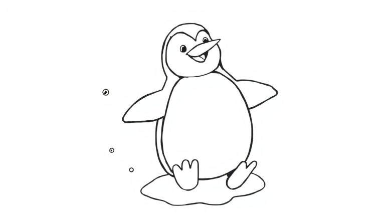 Desenho em preto e branco de um pinguim sorridente sobre o gelo, com flocos de neve caindo. O color panel mostra um pinguim feliz.