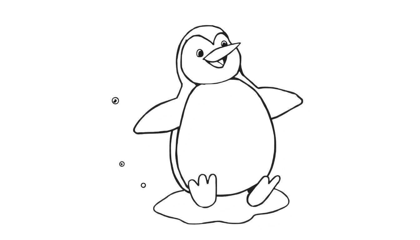 Desenho em preto e branco de um pinguim sorridente sobre o gelo, com flocos de neve caindo. O color panel mostra um pinguim feliz.