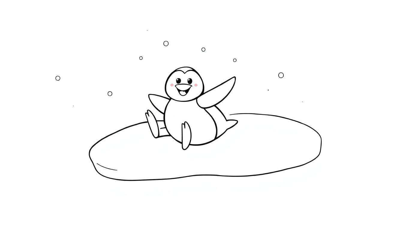Um pinguim sorridente sentado em um pedaço de gelo com flocos de neve ao redor.