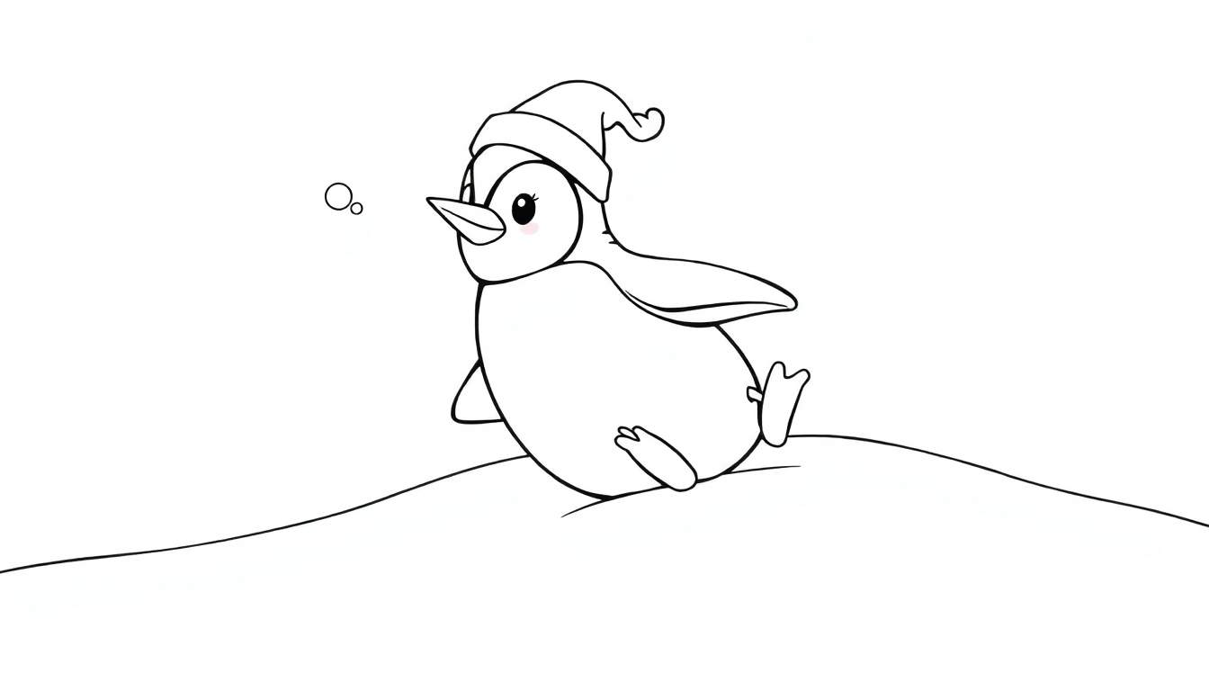 Um pinguim de desenho animado em preto e branco com um gorro de Papai Noel, soprando uma bolha em uma colina nevada. Color panel.
