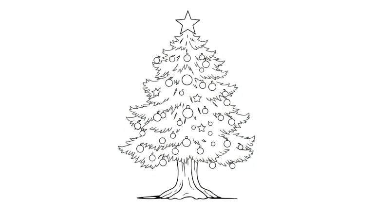Um pinheiro de Natal decorado com uma estrela no topo e bolas coloridas, esperando a sua criatividade. Inclui o color panel.