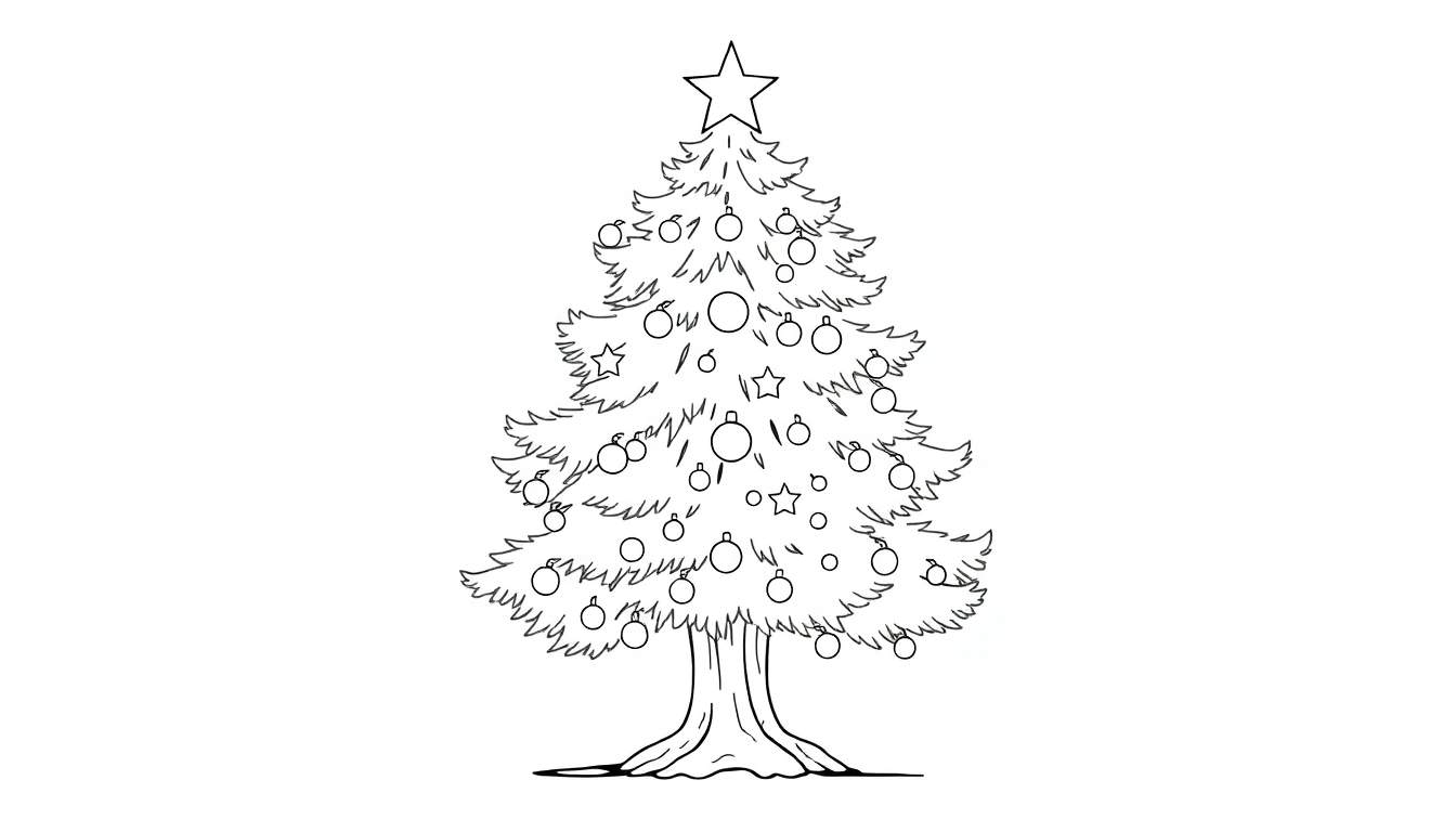 Um pinheiro de Natal decorado com uma estrela no topo e bolas coloridas, esperando a sua criatividade. Inclui o color panel.