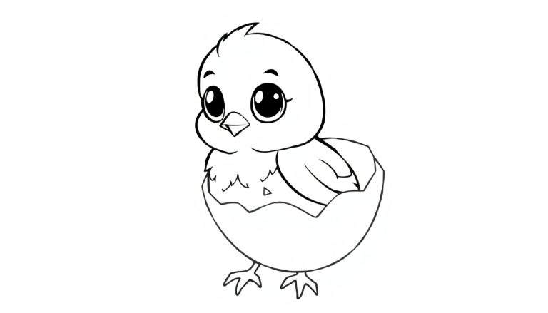 Um pintainho fofo e curioso saindo de um ovo quebrado, com olhos grandes e um bico pequeno. O desenho está em preto e branco, pronto para receber cores.