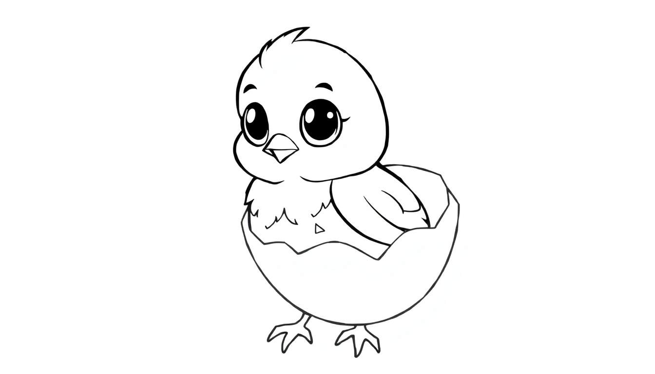 Um pintainho fofo e curioso saindo de um ovo quebrado, com olhos grandes e um bico pequeno. O desenho está em preto e branco, pronto para receber cores.