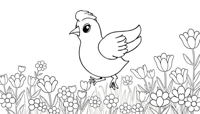 Um pintainho adorável num campo de flores, pronto para ser colorido num color panel.