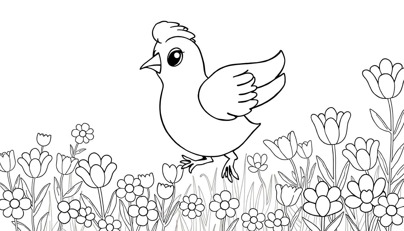 Um pintainho adorável num campo de flores, pronto para ser colorido num color panel.