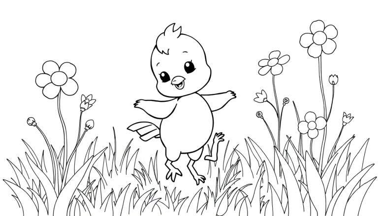 Um pintainho fofo em um campo de flores, pronto para ser colorido. Inclui um color panel.