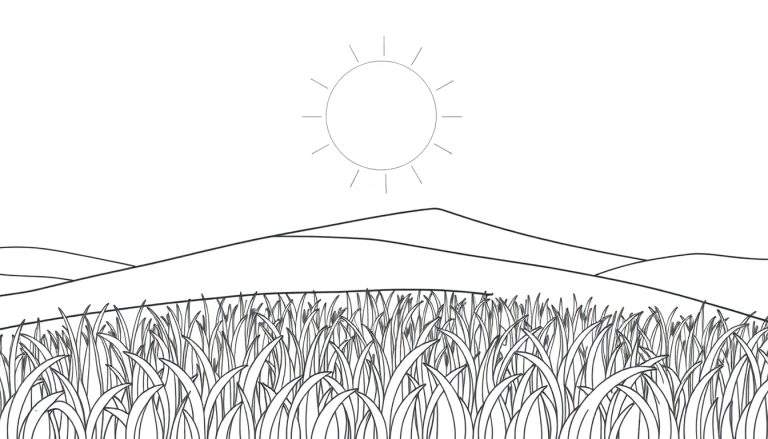 Um pintainho fofinho comendo grãos em um campo ensolarado. Perfeito para colorir!