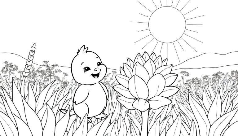 Pintinho em um campo com uma flor exótica, em preto e branco, como um painel de colorir.