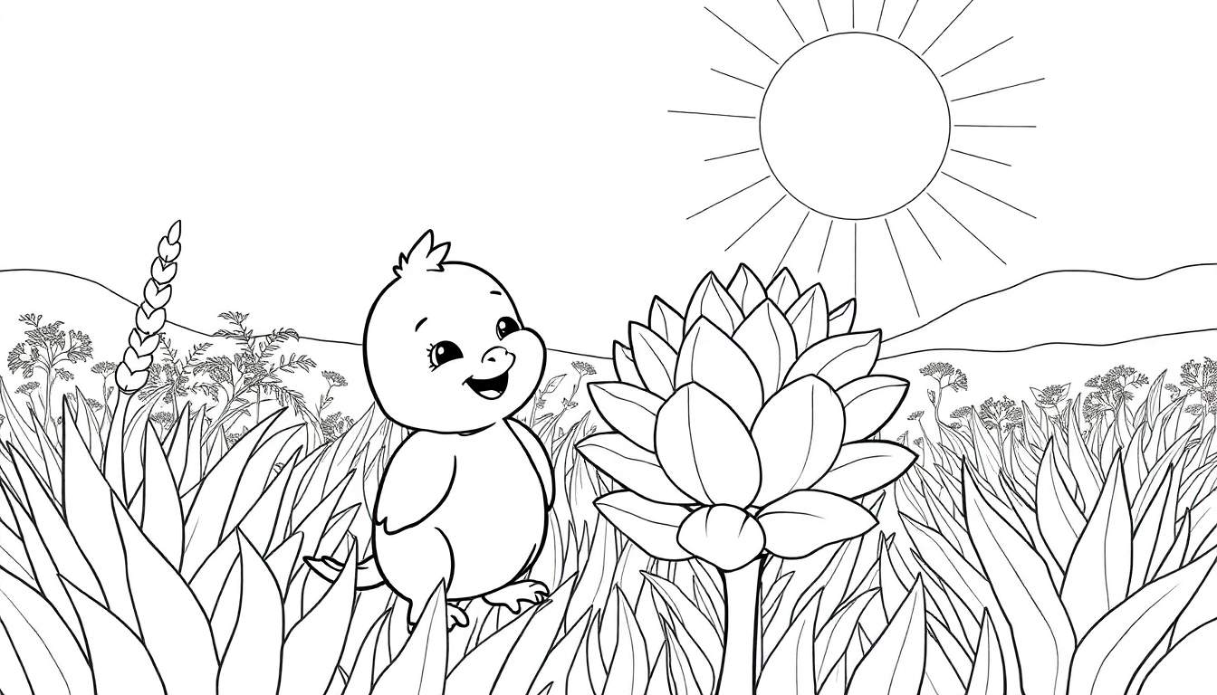 Pintinho em um campo com uma flor exótica, em preto e branco, como um painel de colorir.