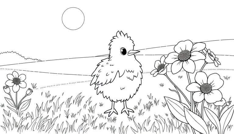 Desenho de um pintinho feliz em um campo florido, pronto para colorir no color panel.