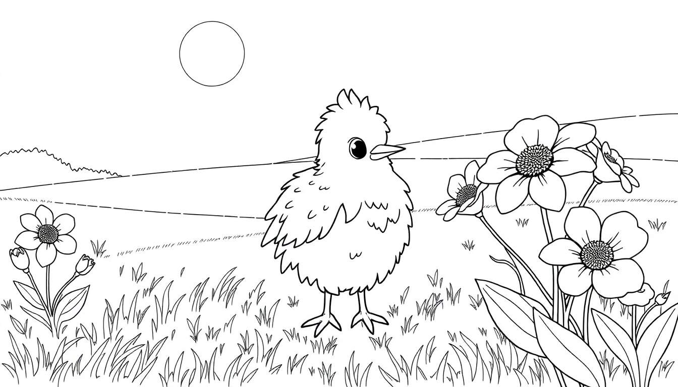 Desenho de um pintinho feliz em um campo florido, pronto para colorir no color panel.