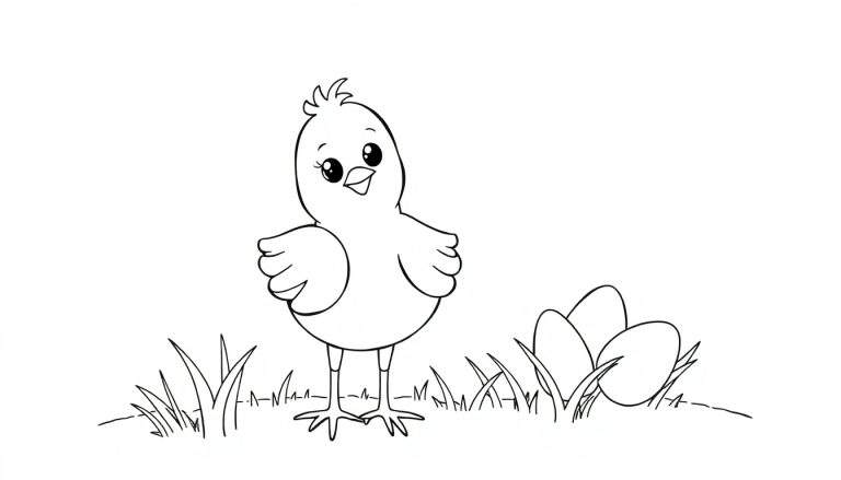 Um pintinho adorável, com asas abertas e olhos brilhantes, em pé sobre a grama ao lado de ovos. Um color panel de alegria!