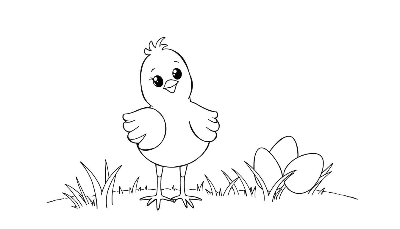 Um pintinho adorável, com asas abertas e olhos brilhantes, em pé sobre a grama ao lado de ovos. Um color panel de alegria!
