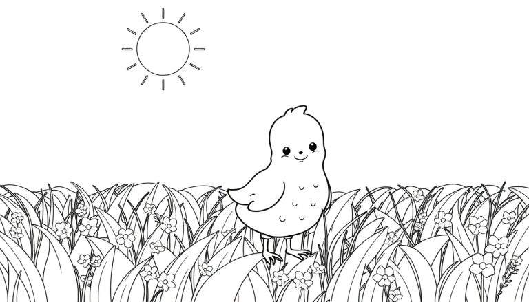 Um pintinho amarelo fofo com contornos pretos, em um campo com flores coloridas e grama verde sob um sol brilhante. Estilo livro de colorir.