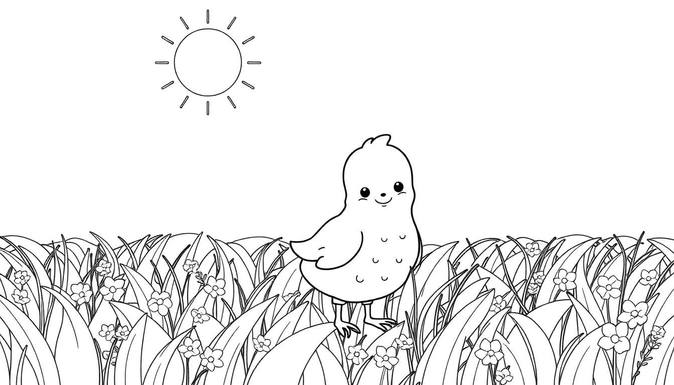 Um pintinho amarelo fofo com contornos pretos, em um campo com flores coloridas e grama verde sob um sol brilhante. Estilo livro de colorir.