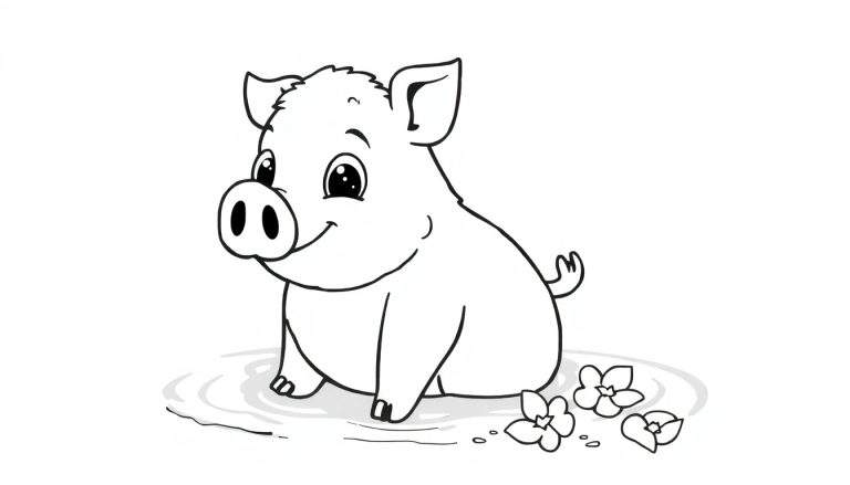 Porquinho feliz sentado em uma poça d'água, com flores próximas.