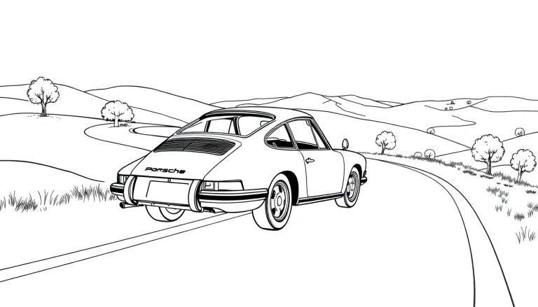 Desenho em preto e branco de um Porsche 911 clássico de costas em uma estrada rural sinuosa.