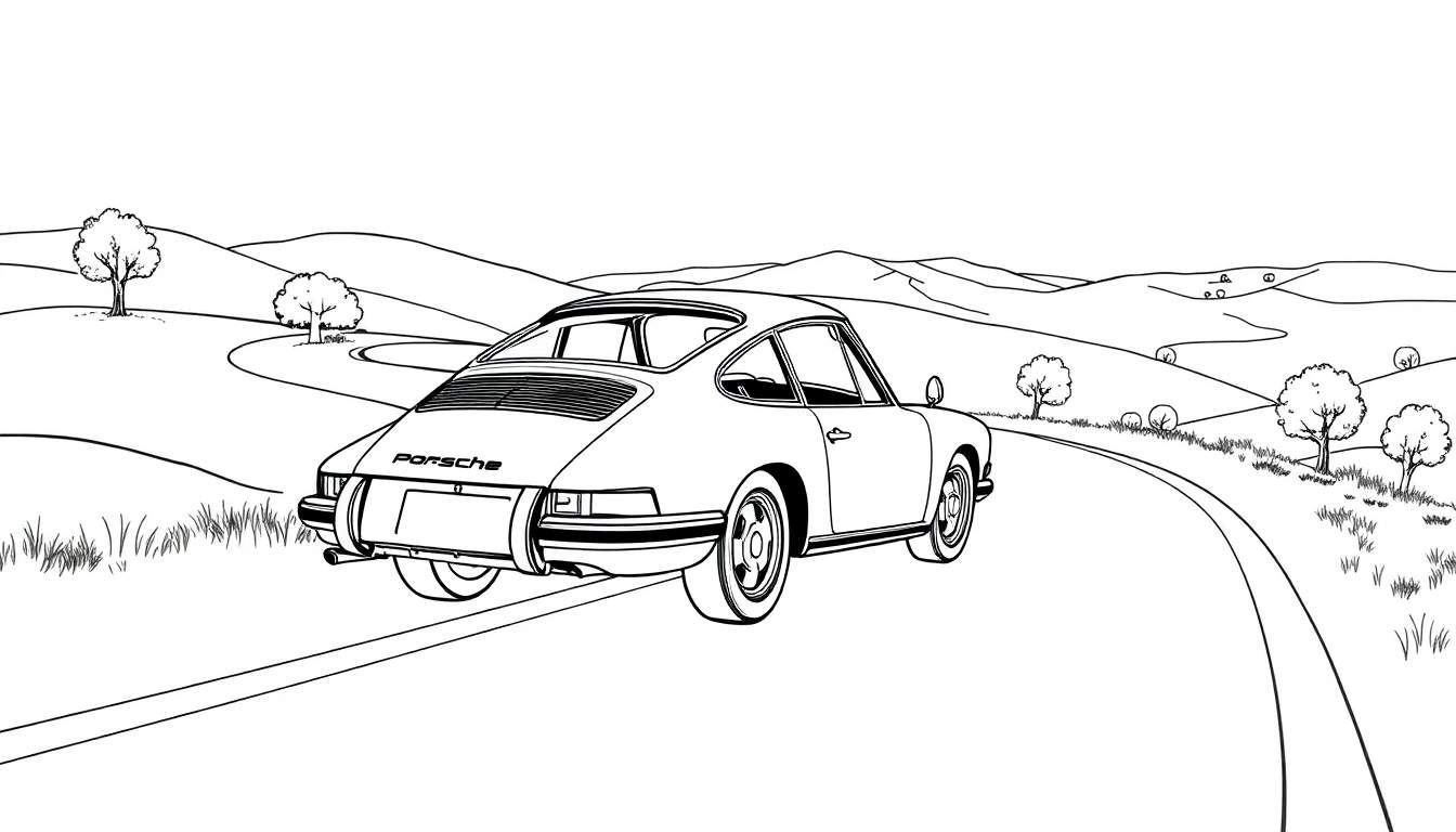 Desenho em preto e branco de um Porsche 911 clássico de costas em uma estrada rural sinuosa.