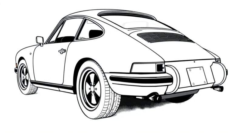 Um lindo Porsche clássico para colorir, visto de lado, com contornos pretos sobre um fundo branco.