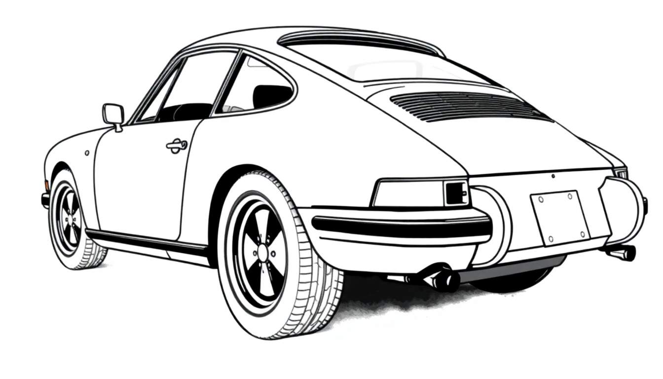 Um lindo Porsche clássico para colorir, visto de lado, com contornos pretos sobre um fundo branco.