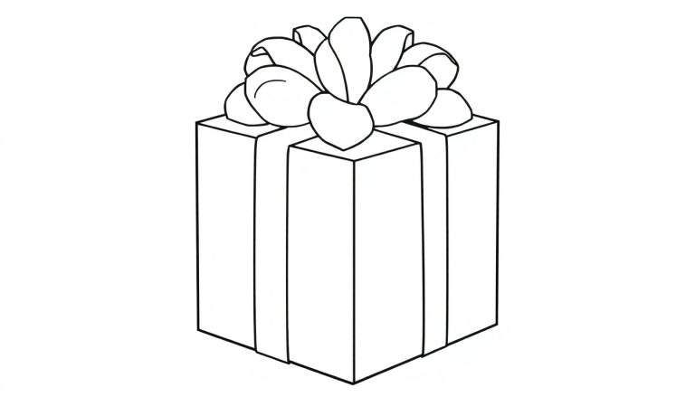 Um desenho simples em preto e branco de um presente com um laço, perfeito para colorir.