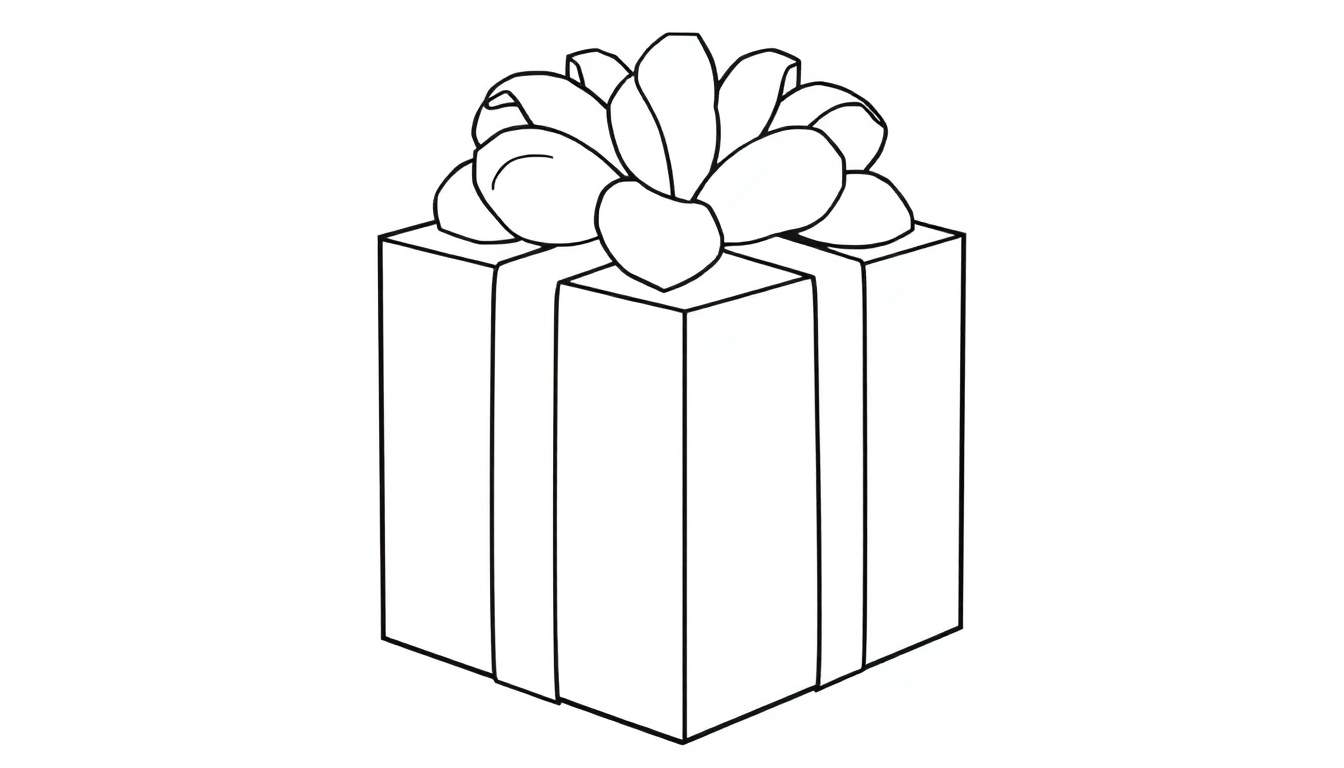 Um desenho simples em preto e branco de um presente com um laço, perfeito para colorir.