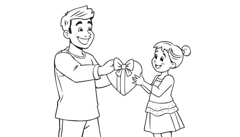 Pai e filha sorrindo, o pai oferece uma caixa de bombons em forma de coração para a filha.