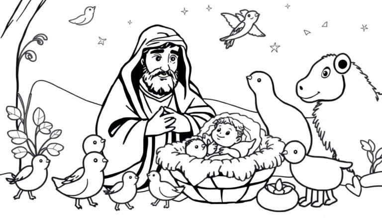 Uma página de colorir de um presépio, com José de pé ao lado de um bebê em uma manjedoura, cercado por animais e estrelas.