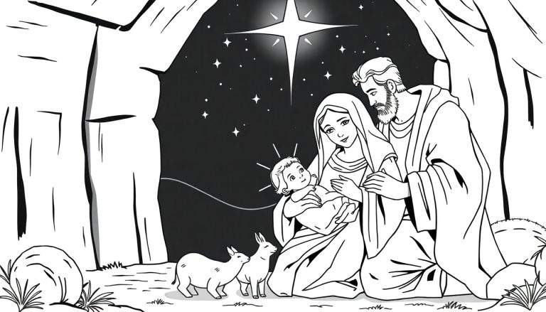 Uma página para colorir em preto e branco de uma cena de presépio com Maria, José e o Menino Jesus, com um burro e um cordeiro, sob uma estrela.