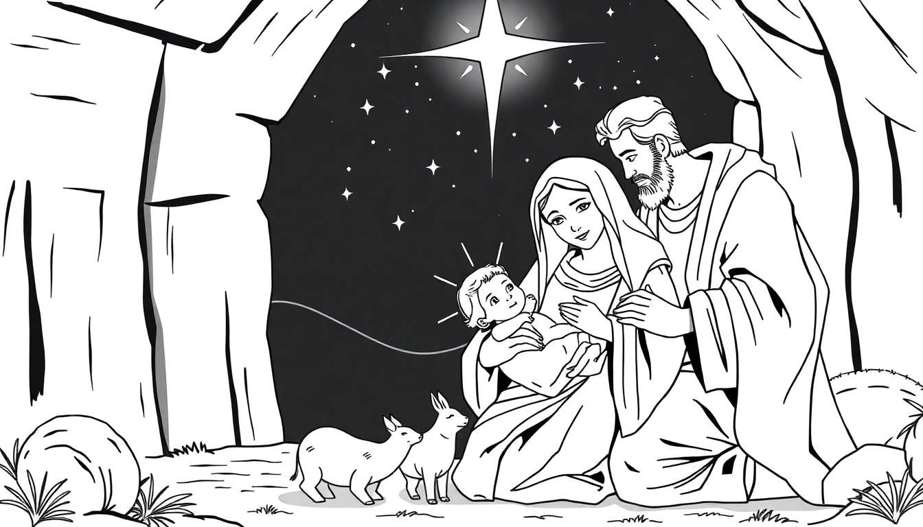 Uma página para colorir em preto e branco de uma cena de presépio com Maria, José e o Menino Jesus, com um burro e um cordeiro, sob uma estrela.