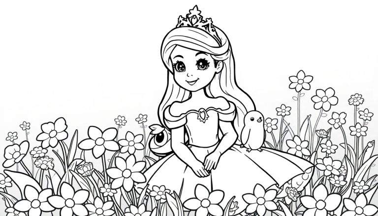 Desenho de uma princesa em preto e branco com flores e pássaros, pronto para colorir.
