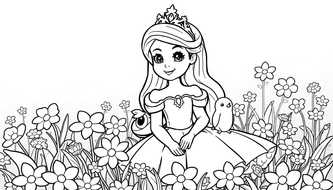 Desenho de uma princesa em preto e branco com flores e pássaros, pronto para colorir.