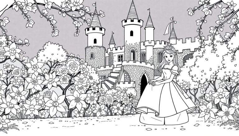 Uma princesa sorridente em frente a um castelo, com um vestido esvoaçante e tiara brilhante, rodeada por flores e borboletas mágicas, em uma página para colorir.