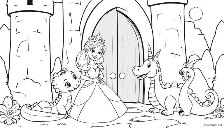 Página de colorir de uma princesa com dragões amigáveis e um unicórnio.
