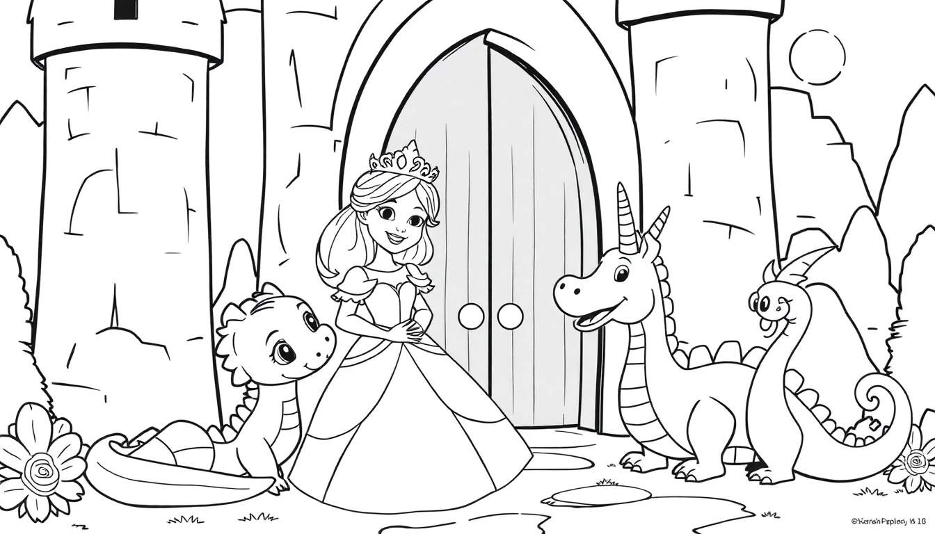 Página de colorir de uma princesa com dragões amigáveis e um unicórnio.