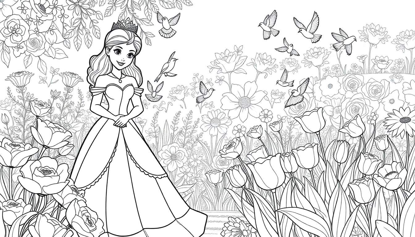 Princesa em um jardim florido, contorno preto e branco, color panel.