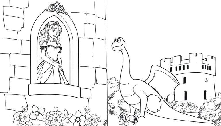 Princesa em uma torre de castelo com um dragão amigável colorindo com um color panel.