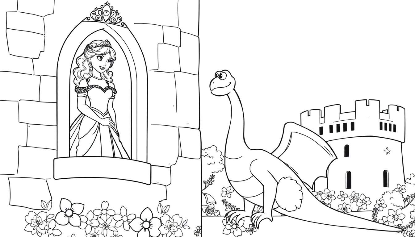 Princesa em uma torre de castelo com um dragão amigável colorindo com um color panel.