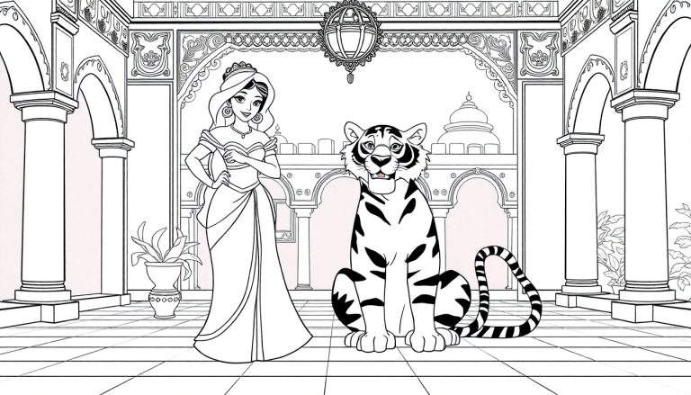 Desenho em preto e branco de uma princesa e um tigre sentados em um palácio com arcos e colunas.