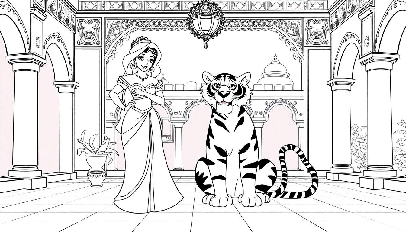 Desenho em preto e branco de uma princesa e um tigre sentados em um palácio com arcos e colunas.