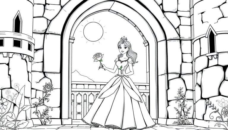 Ilustração em preto e branco de uma princesa com uma rosa em frente a um arco de castelo.