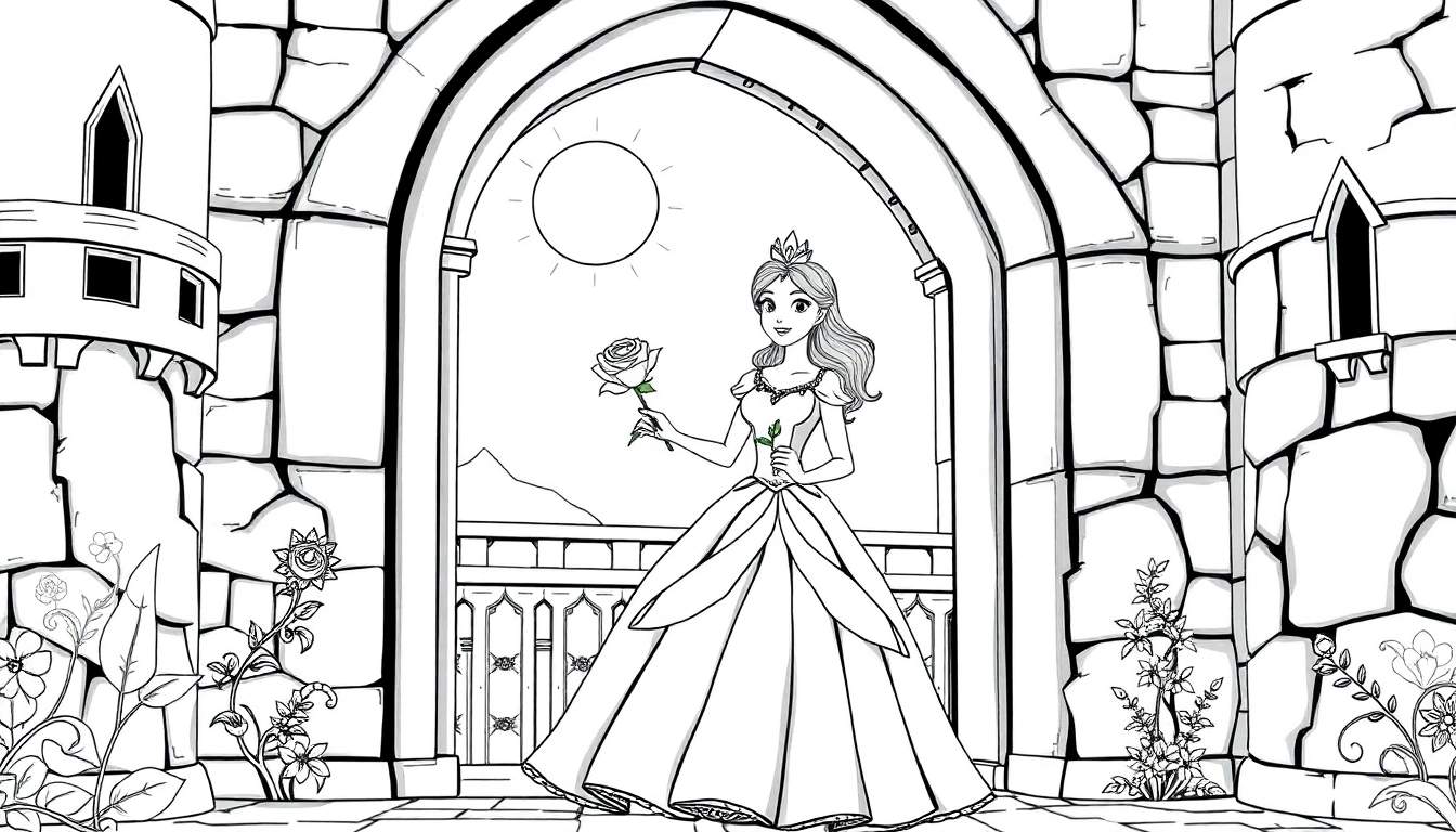 Ilustração em preto e branco de uma princesa com uma rosa em frente a um arco de castelo.