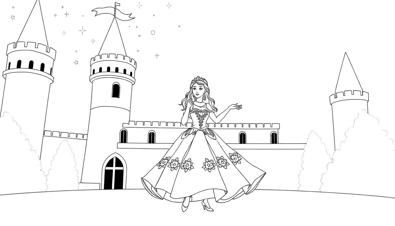 Uma princesa em um castelo mágico, com vestido esvoaçante e tiara, sob a luz das estrelas, com um color panel vibrante.