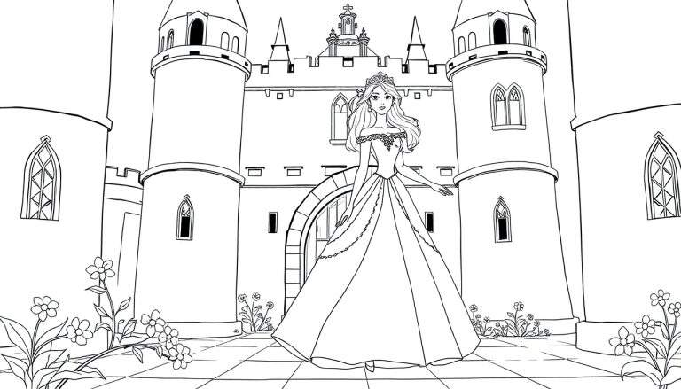Desenho em preto e branco de uma princesa em um vestido de baile em frente a um castelo, para colorir.