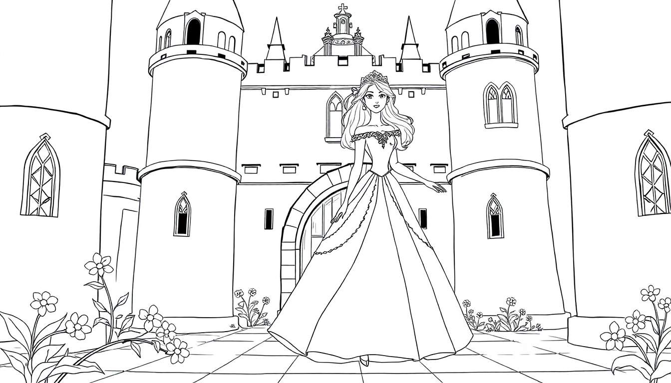 Desenho em preto e branco de uma princesa em um vestido de baile em frente a um castelo, para colorir.