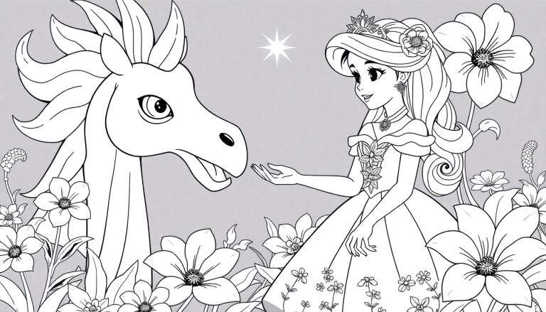 Ilustração em preto e branco de uma princesa com vestido e coroa adornados com flores, estendendo a mão para um cavalo mágico com juba extravagante. Flores cercam a cena, com uma estrela solitária no céu. Estilo de desenho animado detalhado.